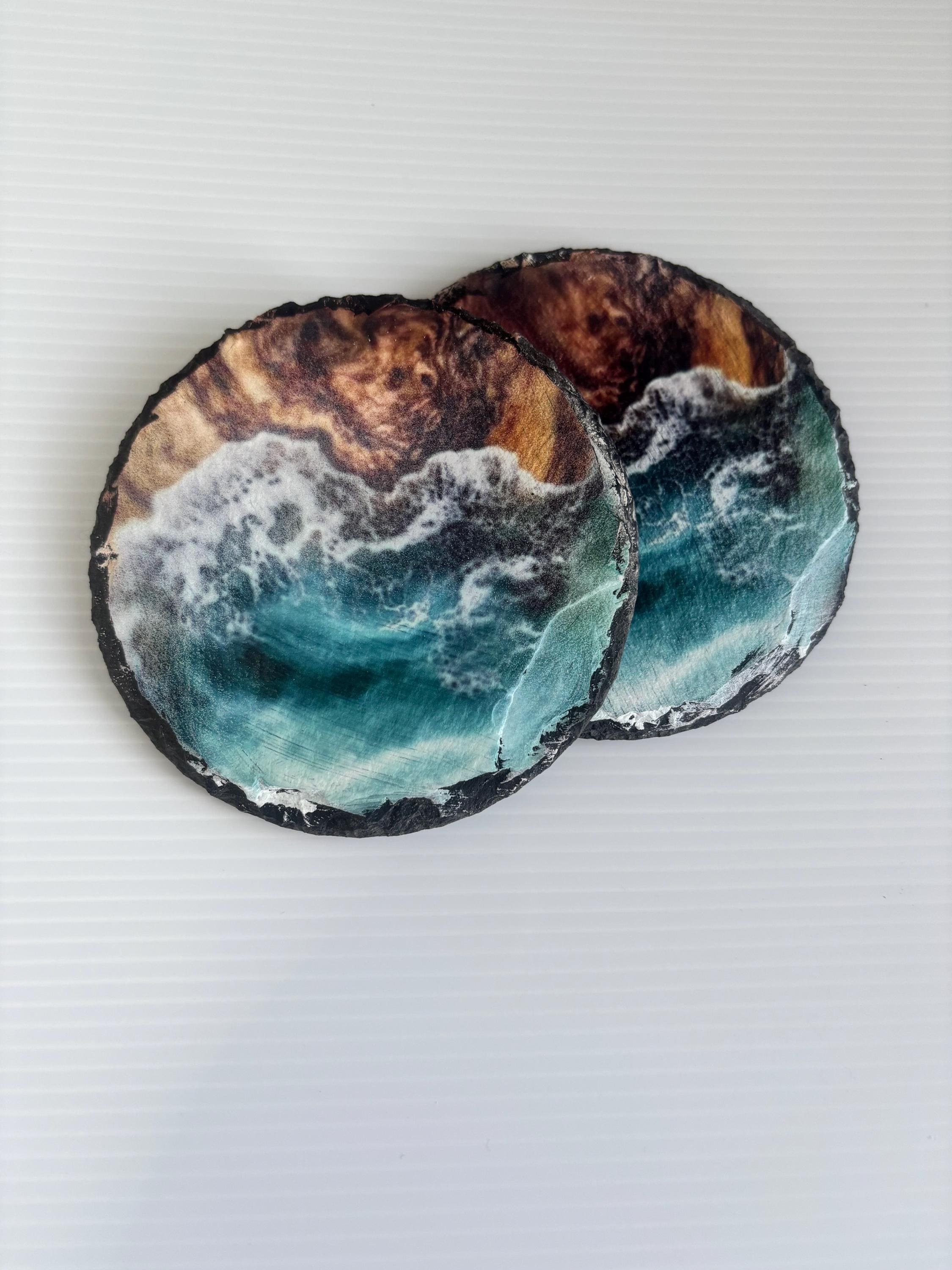 Natural Slate Ocean Wave Coaster Set (4-Piece) with Holder