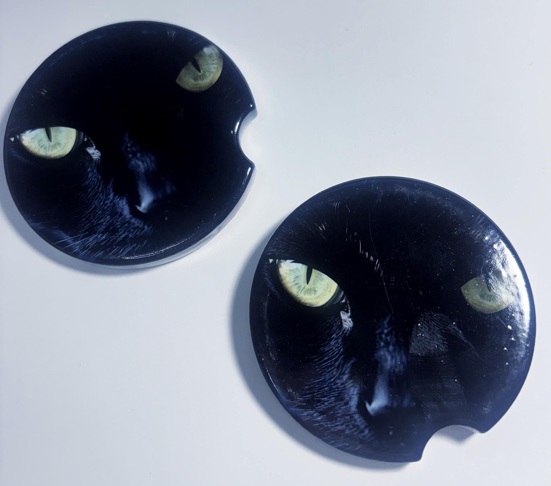 Black Cat Eye Car Coaster Set | Ceramic Cup Holder Inserts | Cat Lover Gift
