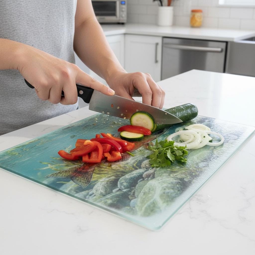 Kokanee Salmon themed glass cutting board