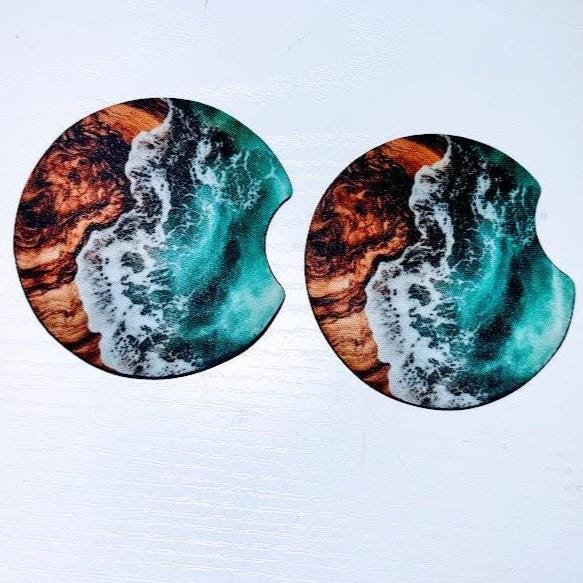Ocean Mist & Olive Wood Fabric Car Coasters (Set of 2)
