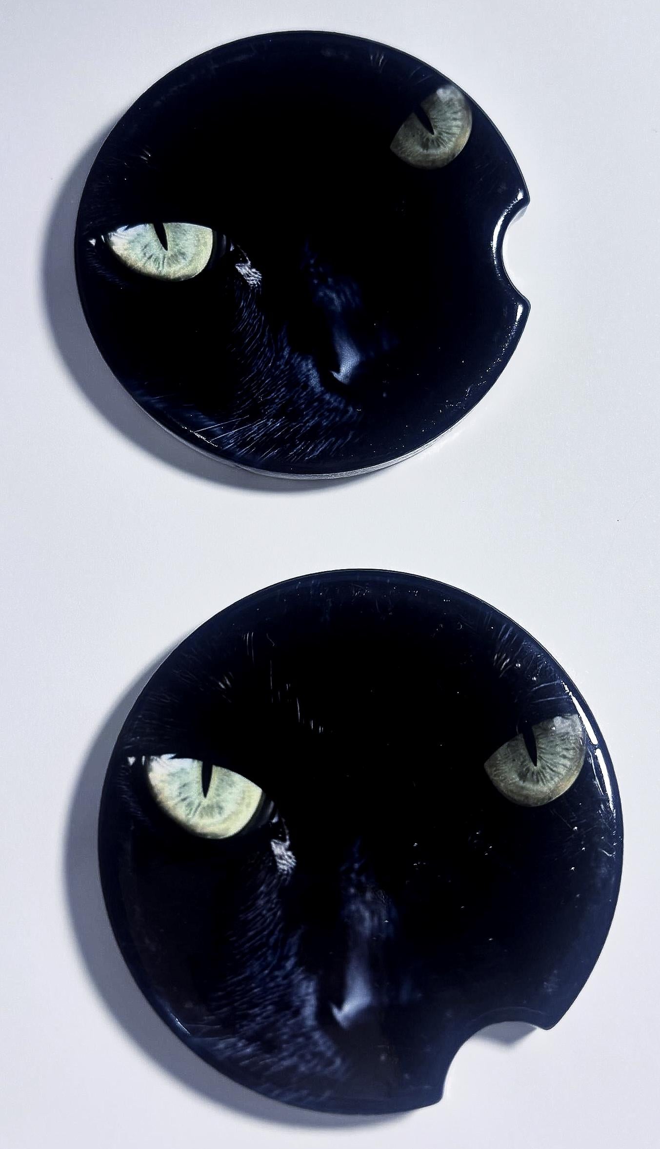 Black Cat Eye Car Coaster Set | Ceramic Cup Holder Inserts | Cat Lover Gift