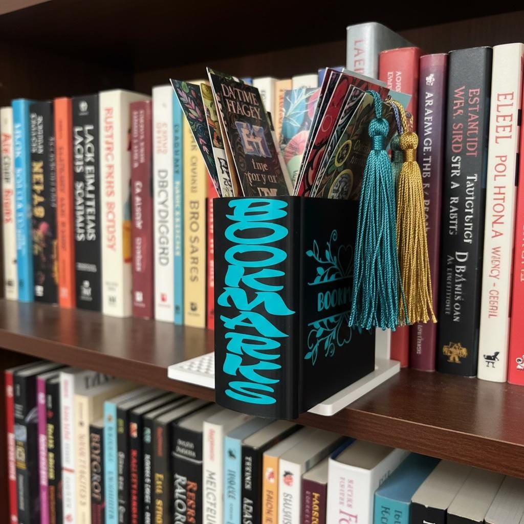 Dual-Tone Bookmarks Holder: Teal Script, Floral Accent, Black Finish