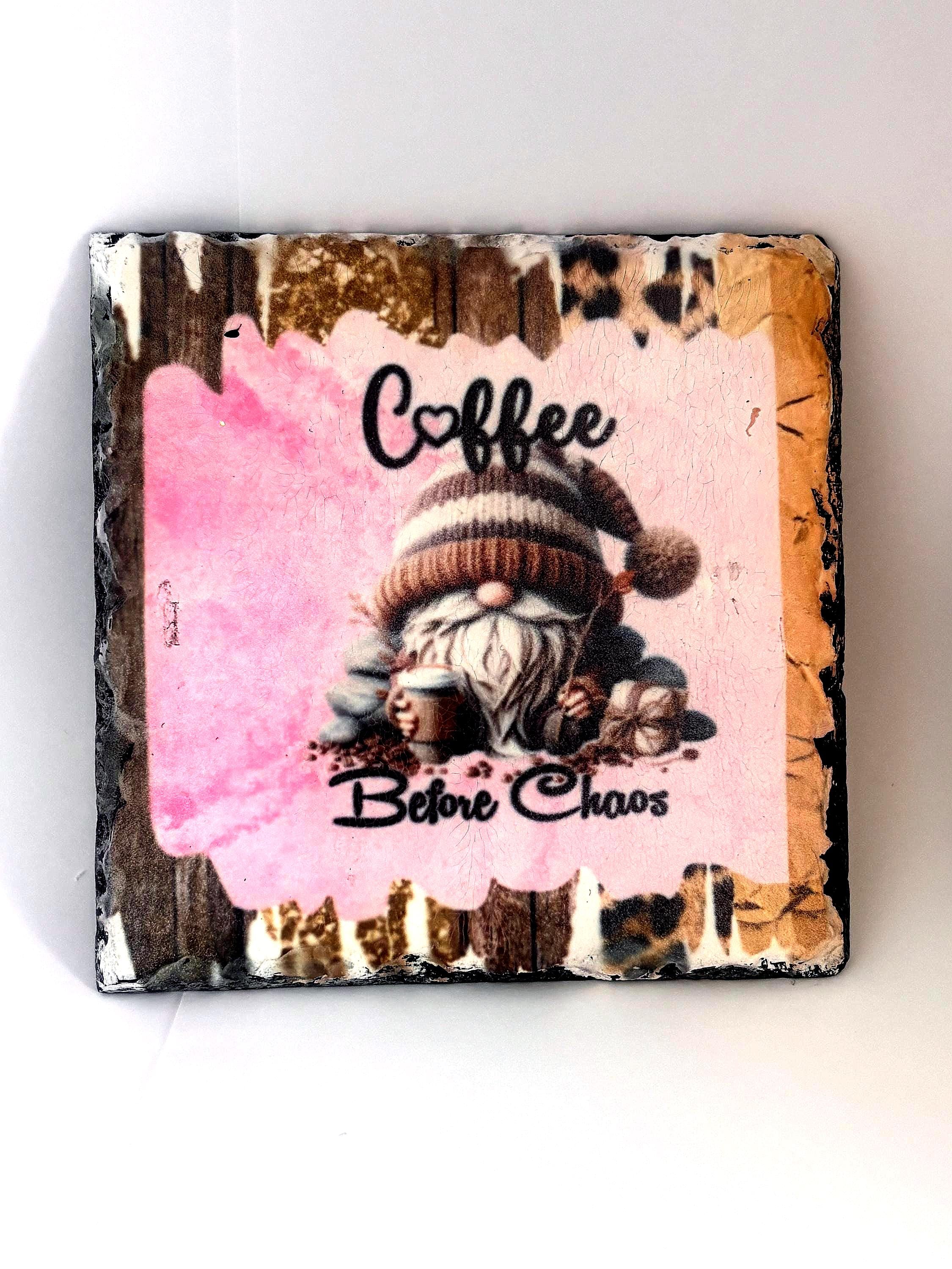 Pink Gnome Coffee before Chaos slate coasters