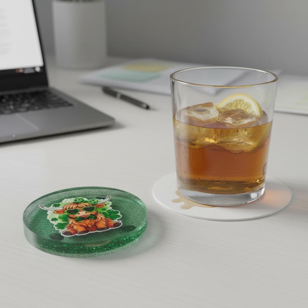 Highland Cow St. Patrick’s Glitter Coaster – Handmade Resin Drink Coaster set of 4