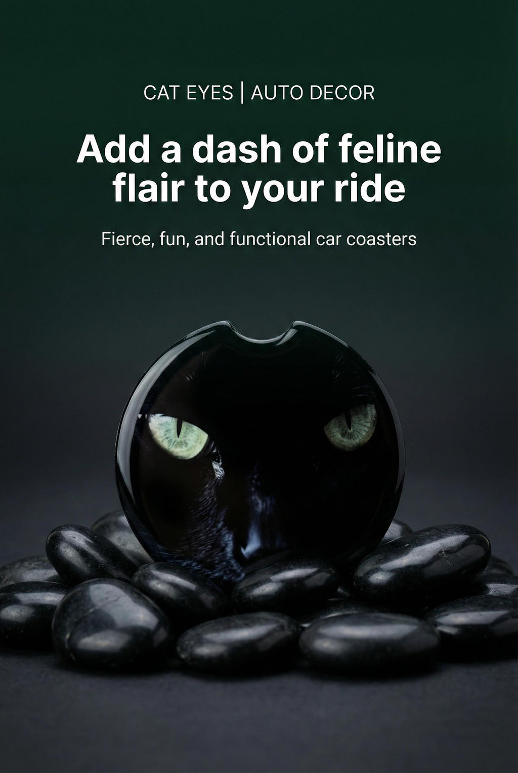 Black Cat Eye Car Coaster Set | Ceramic Cup Holder Inserts | Cat Lover Gift