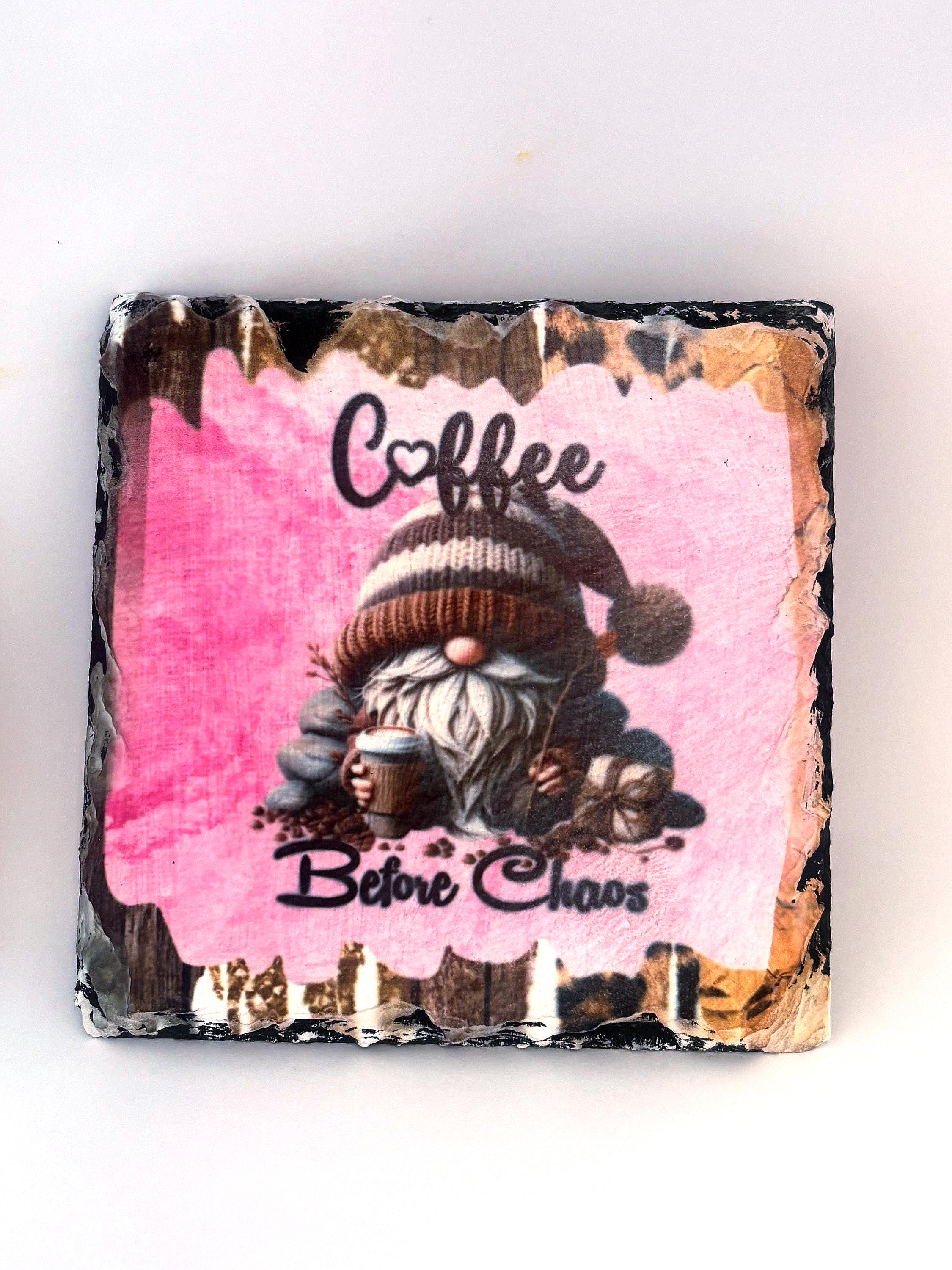 Pink Gnome Coffee before Chaos slate coasters