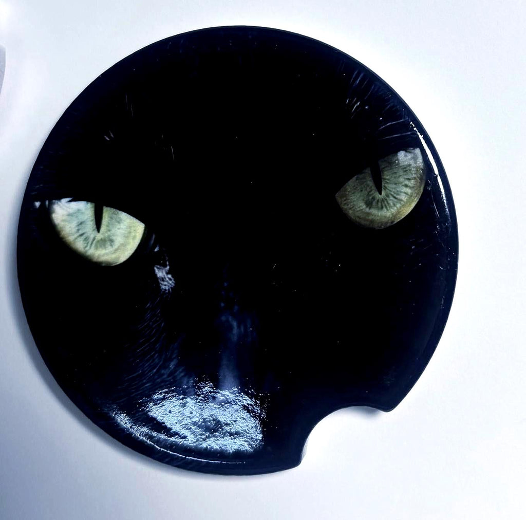 Black Cat Eye Car Coaster Set | Ceramic Cup Holder Inserts | Cat Lover Gift