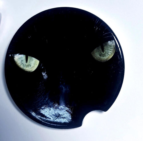 Black Cat Eye Car Coaster Set | Ceramic Cup Holder Inserts | Cat Lover Gift