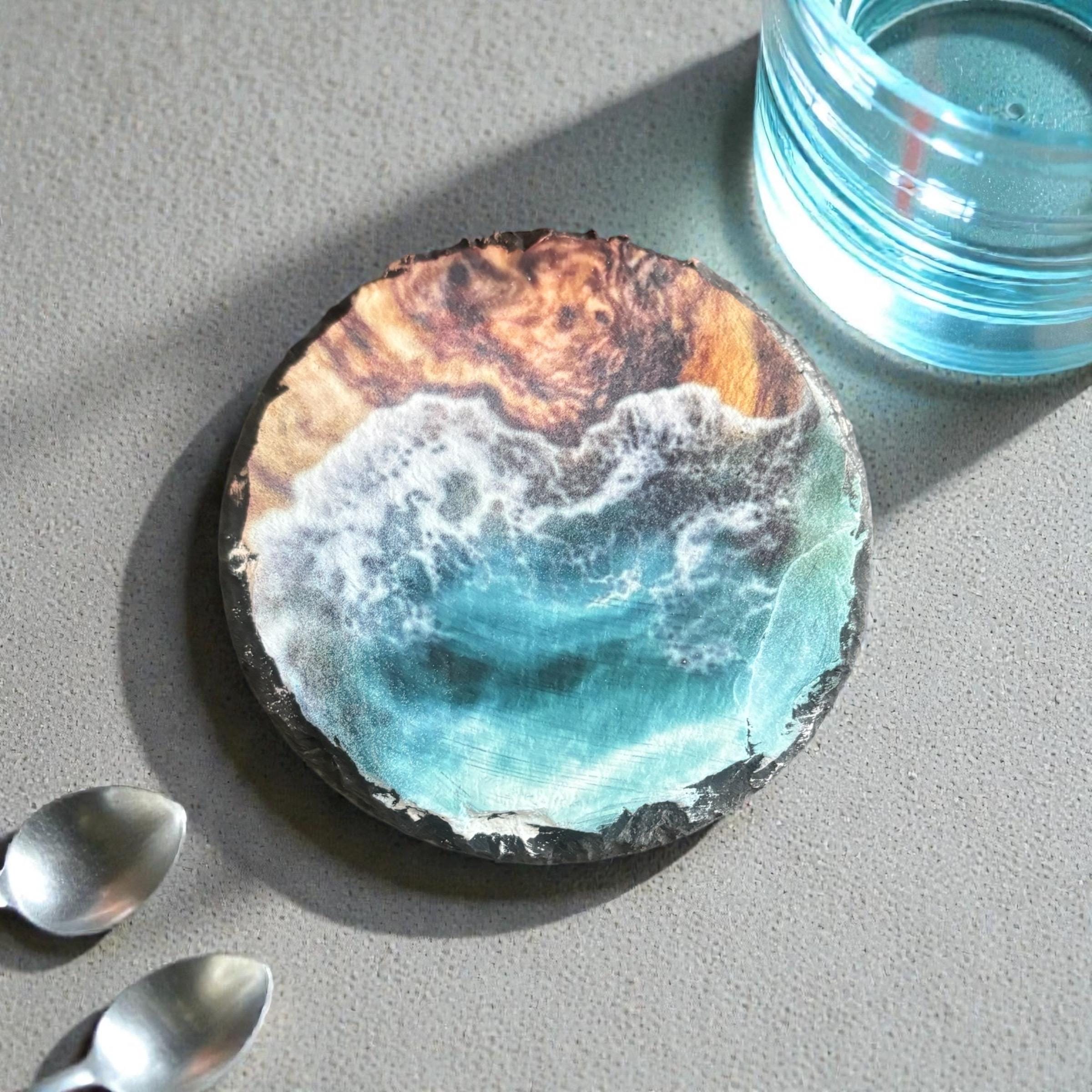Natural Slate Ocean Wave Coaster Set (4-Piece) with Holder
