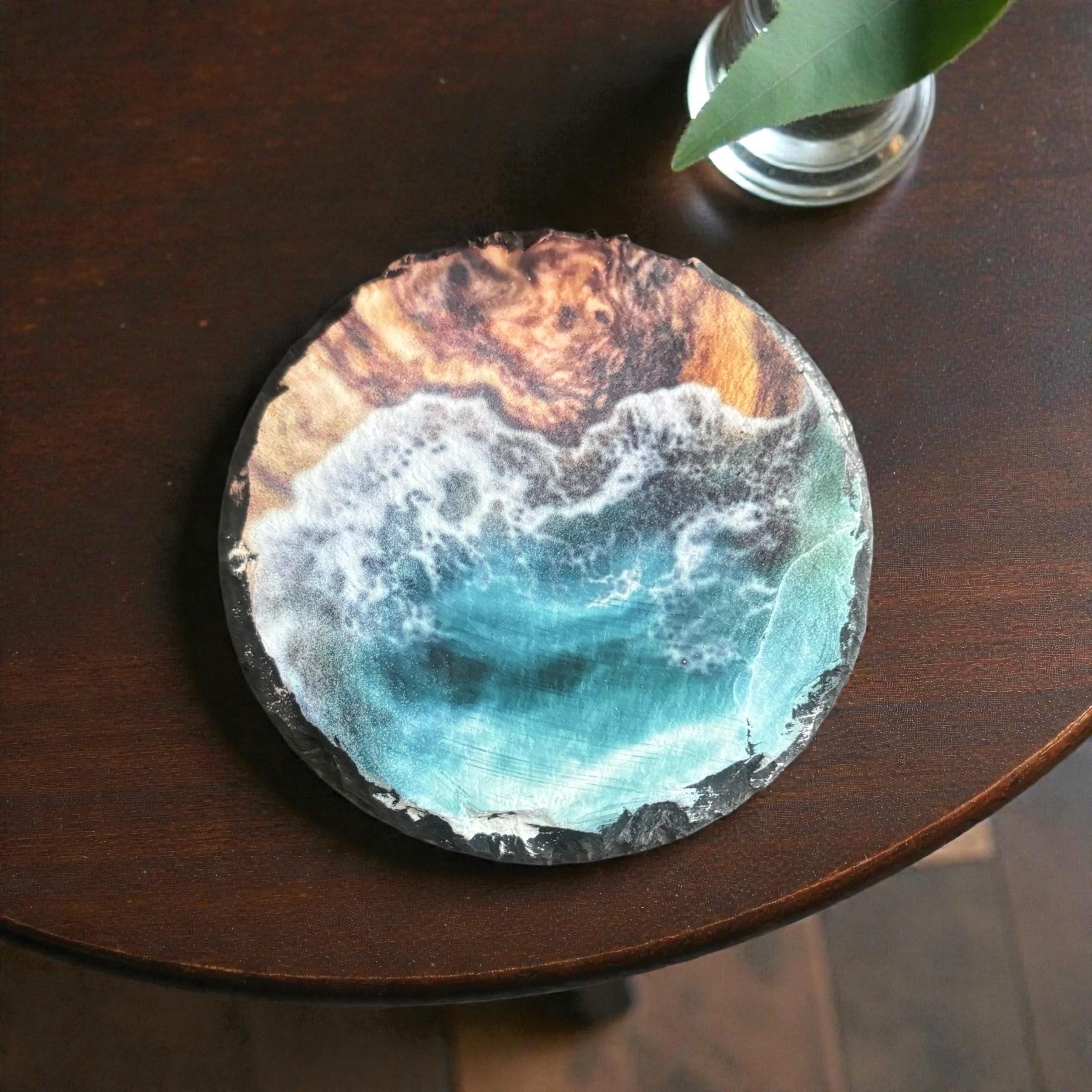 Natural Slate Ocean Wave Coaster Set (4-Piece) with Holder