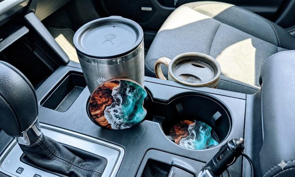 Ocean Mist & Olive Wood Fabric Car Coasters (Set of 2)