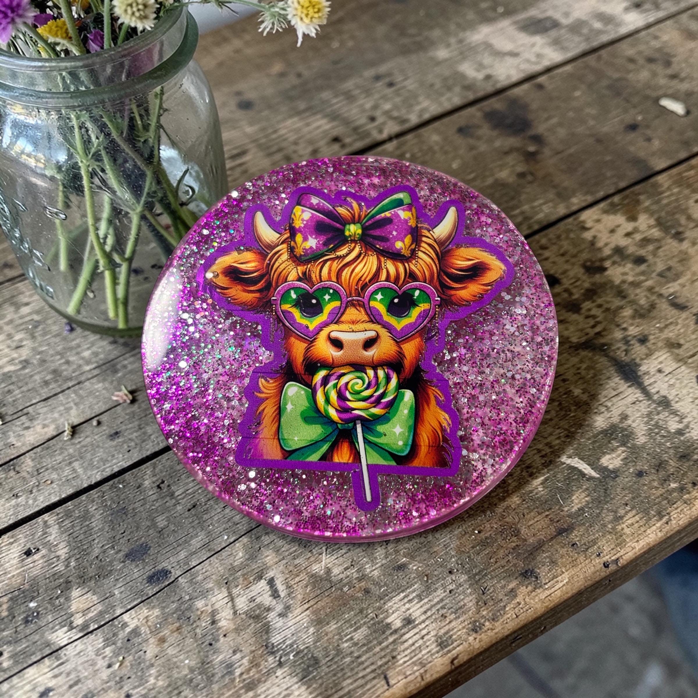 Highland Cow Mardi Gras Glitter Coaster – Handmade Resin Drink Coaster set of 4