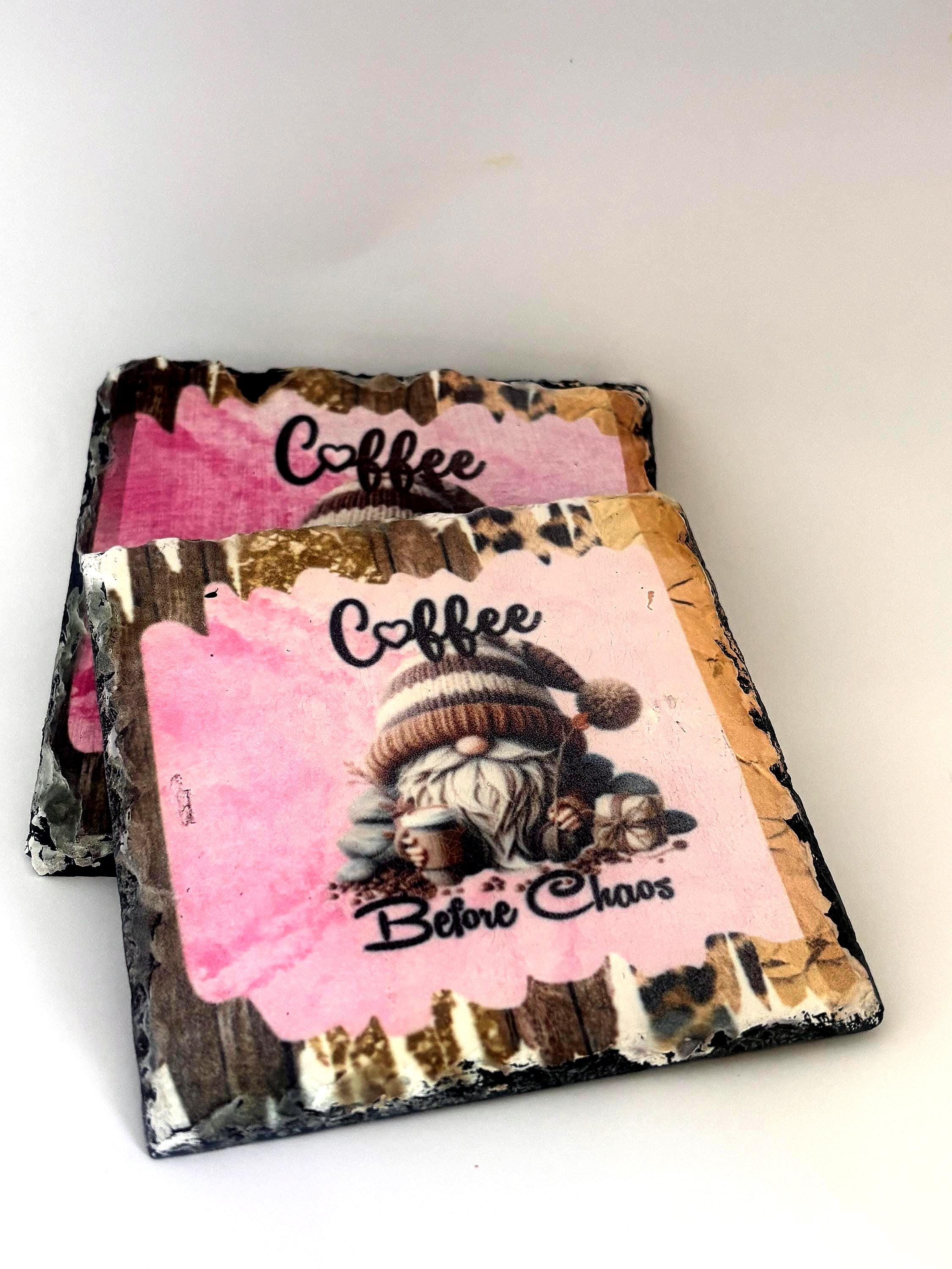 Pink Gnome Coffee before Chaos slate coasters