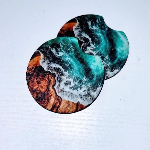 Ocean Mist & Olive Wood Fabric Car Coasters (Set of 2)