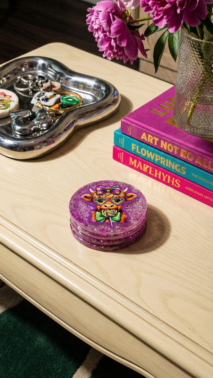 Highland Cow Mardi Gras Glitter Coaster – Handmade Resin Drink Coaster set of 4