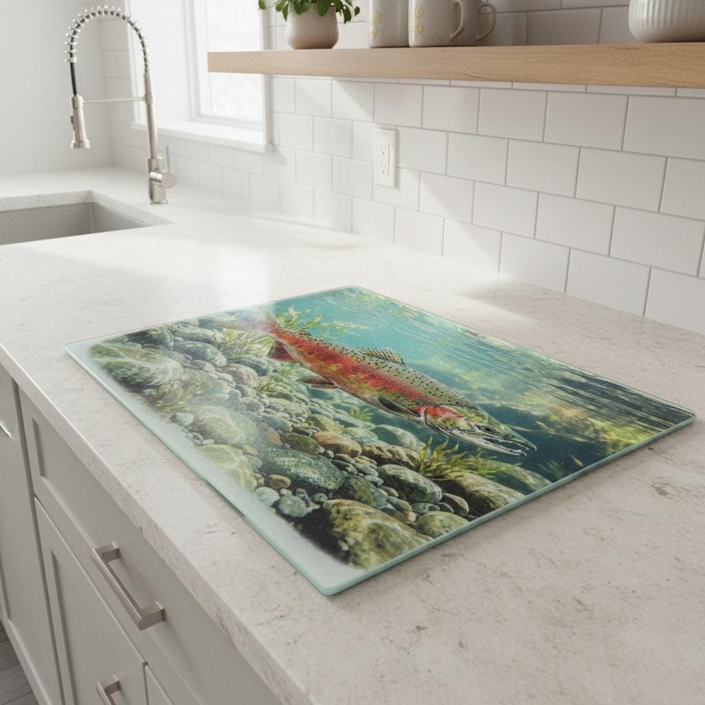 Kokanee Salmon themed glass cutting board