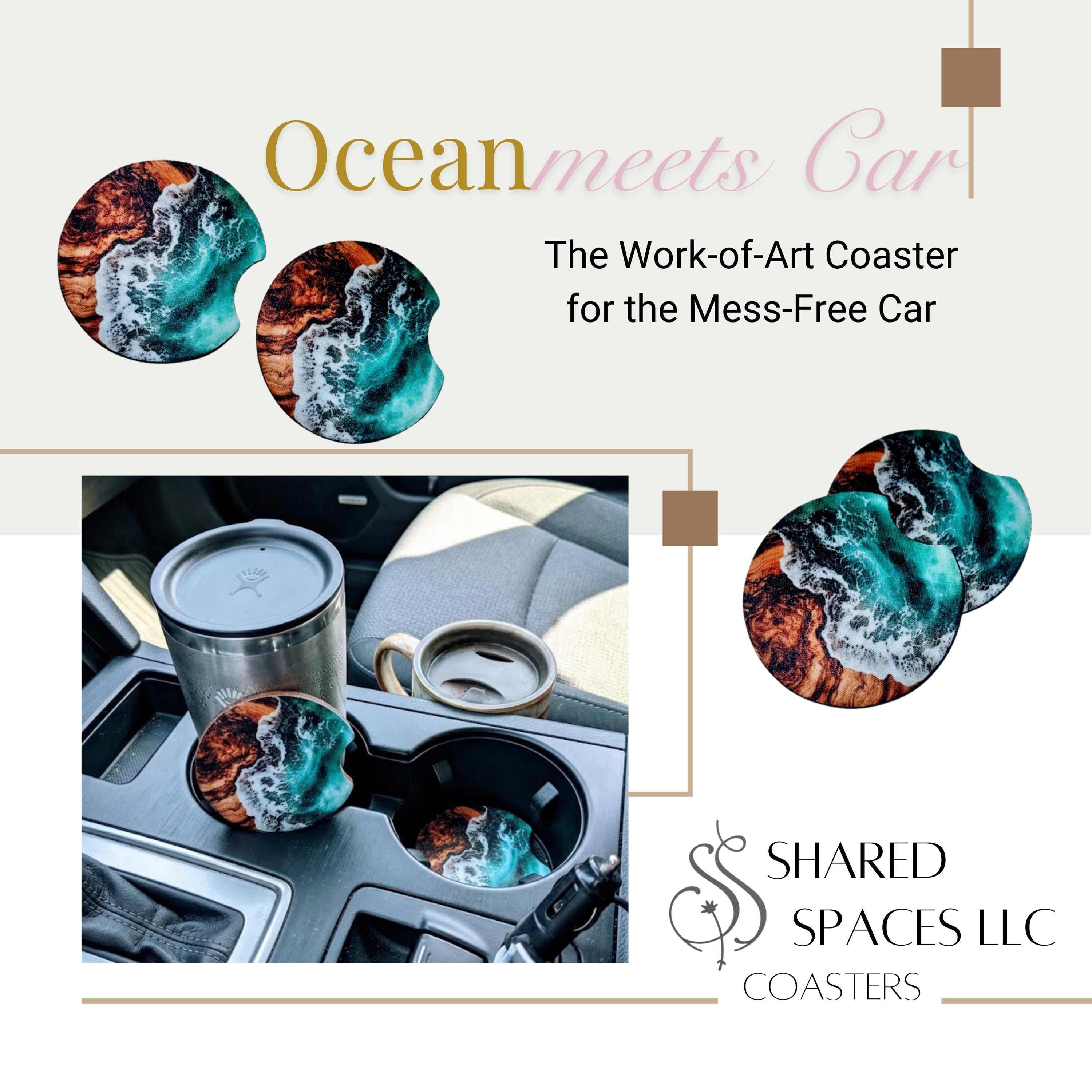 Ocean Mist & Olive Wood Fabric Car Coasters (Set of 2)
